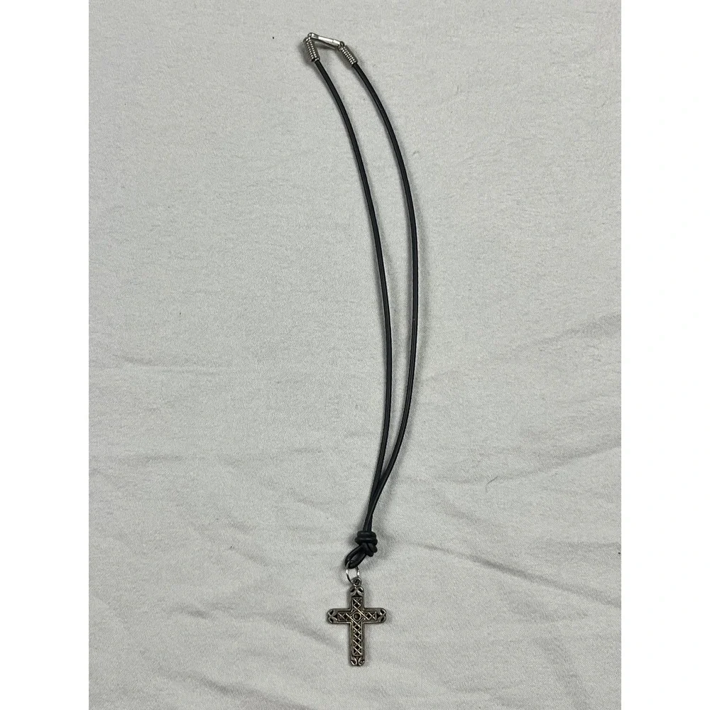 Vintage Silver Tone Celtic Cross Pendant Necklace Black Cord Unisex Gothic Biker